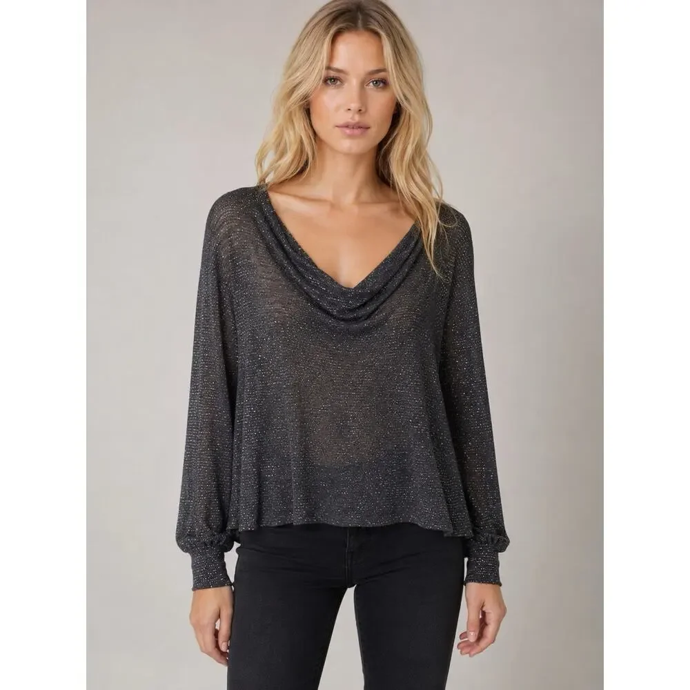 Free People Gray Metallic Sparkle Cowl Neck Top Lightweight Semi Sheer Sz Small